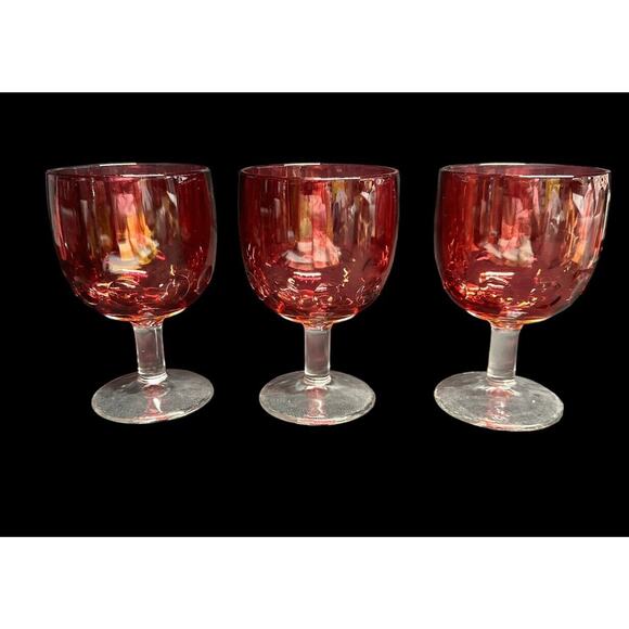 Vintage Bartlett Collins Red Cranberry Flash Thumbprint Water Goblet Lot Of 3 - Picture 2 of 11